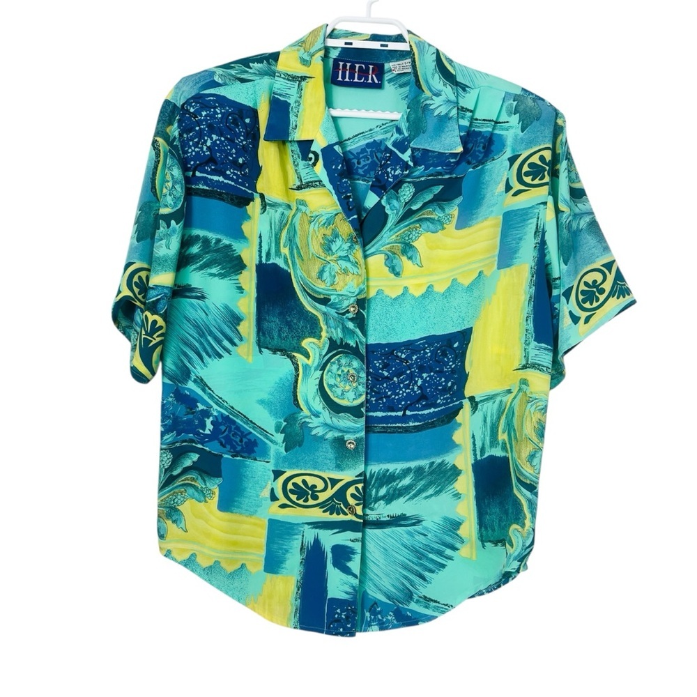 H.E.R Vintage 90s Blue & Yellow Abstract Baroque Print Blouse, Size S oversized